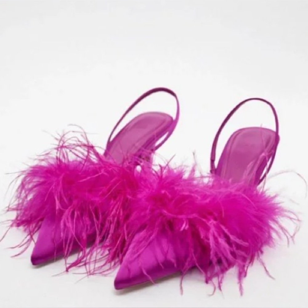 NWT! Zara Fuchsia Pink Feathered Slingbacks Sz 37